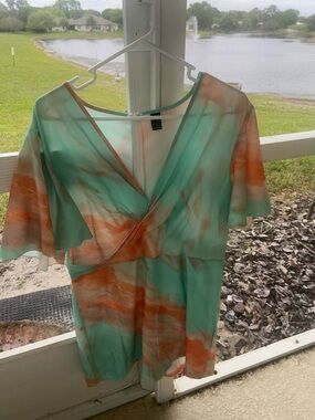 SHEIN Mint Green and Orange Tie-Dye Midi Dress